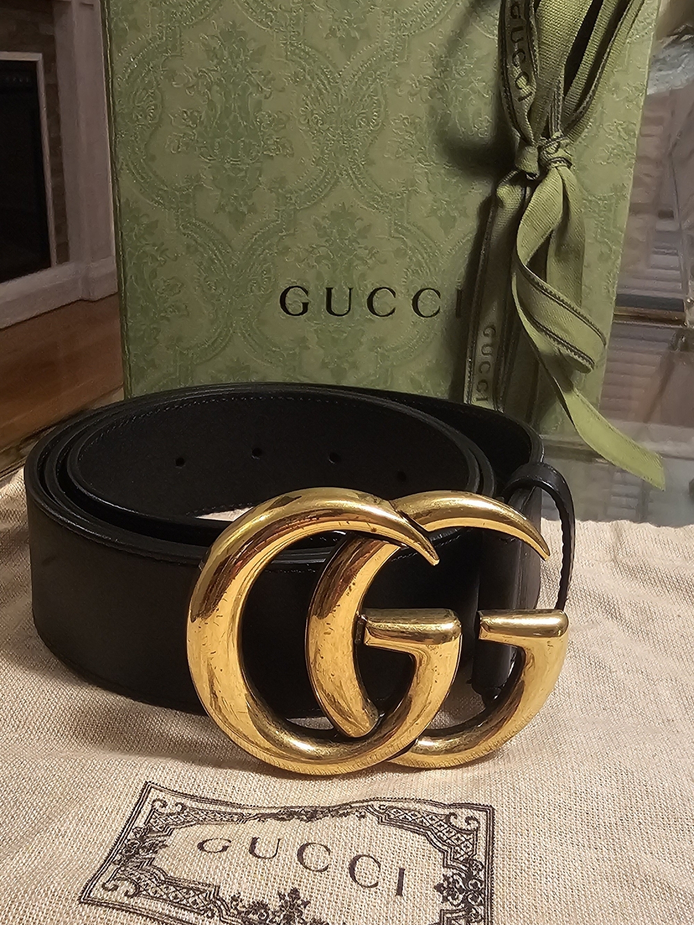 Gucci GG Marmont Wide Black Leather Belt Gold Double G Size 90/36